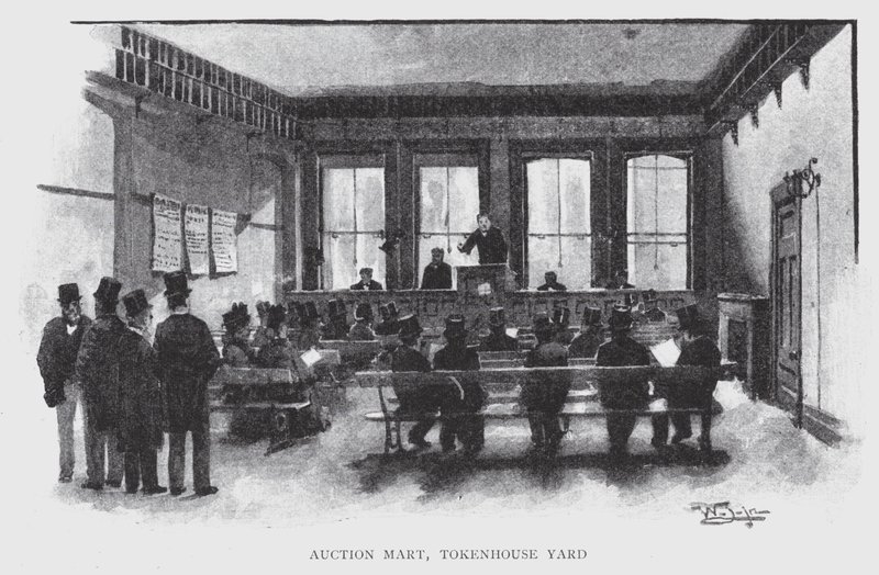 Auction Mart, Tokenhouse Yard (litho) alkotó: William Luker
