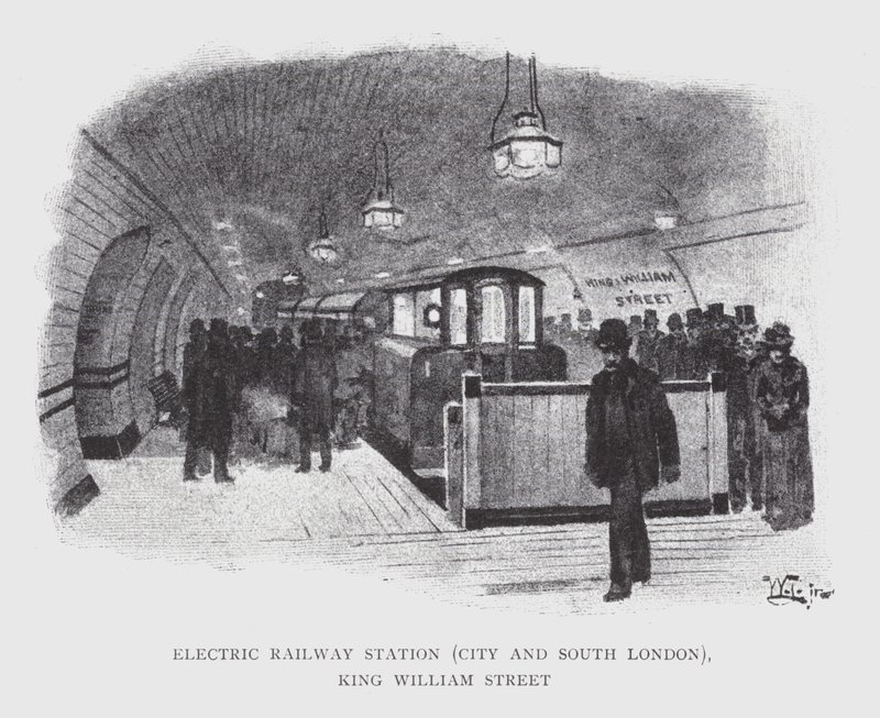Elektromos pályaudvar, City és Dél-London, King William Street (litho) alkotó: William Luker