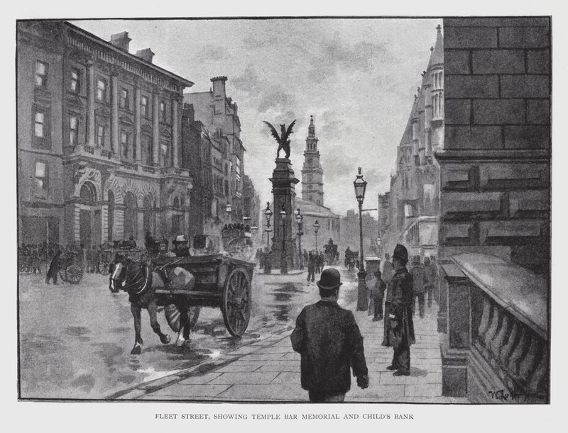 Fleet Street, ahol a Temple Bar Memorial és a Child