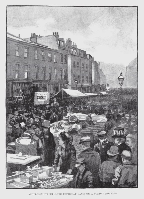 Middlesex Street, késő Petticoat Lane, vasárnap reggel (litho) alkotó: William Luker