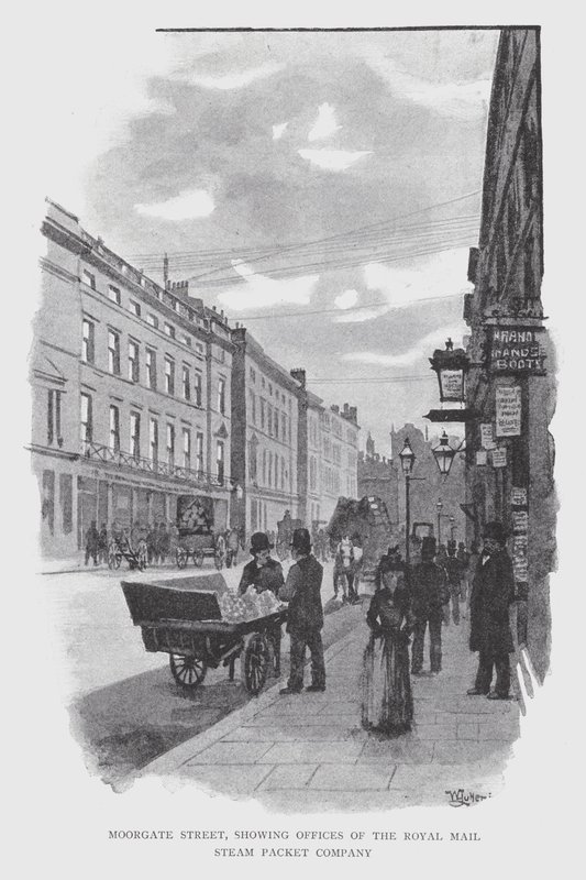 Moorgate Street, a Royal Mail Steam Packet Company irodáival (litho) alkotó: William Luker