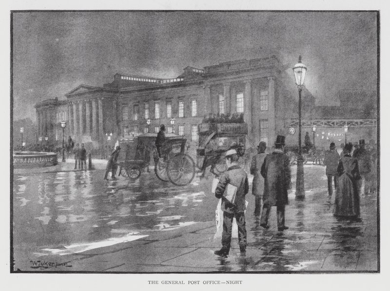 A főposta, éjszaka (litho) alkotó: William Luker
