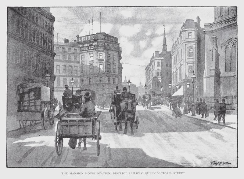 The Mansion House állomás, kerületi vasút, Queen Victoria Street (litho) alkotó: William Luker