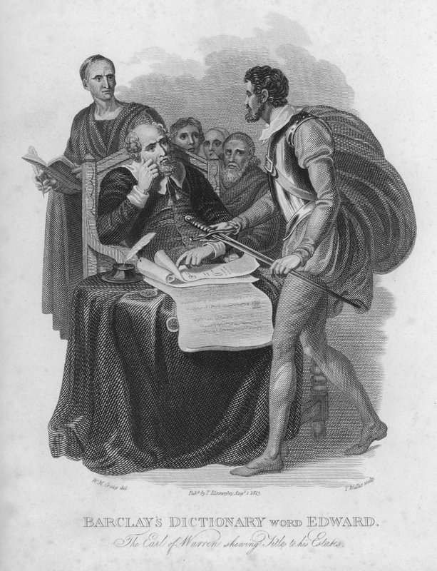 Barclays szótár, szó: Edward, Warren grófja, aki birtoka címeit mutatja be (metszet) alkotó: William Marshall (after) Craig