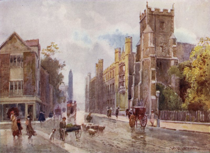 A St Botolphs-templom és a Corpus College a Pitt Press lépcsőjétől, a Trumpington Street-től alkotó: William Matthison