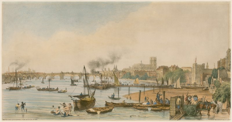 Westminster és Hungerford a Waterloo hídról, 1840 körül alkotó: William Parrott