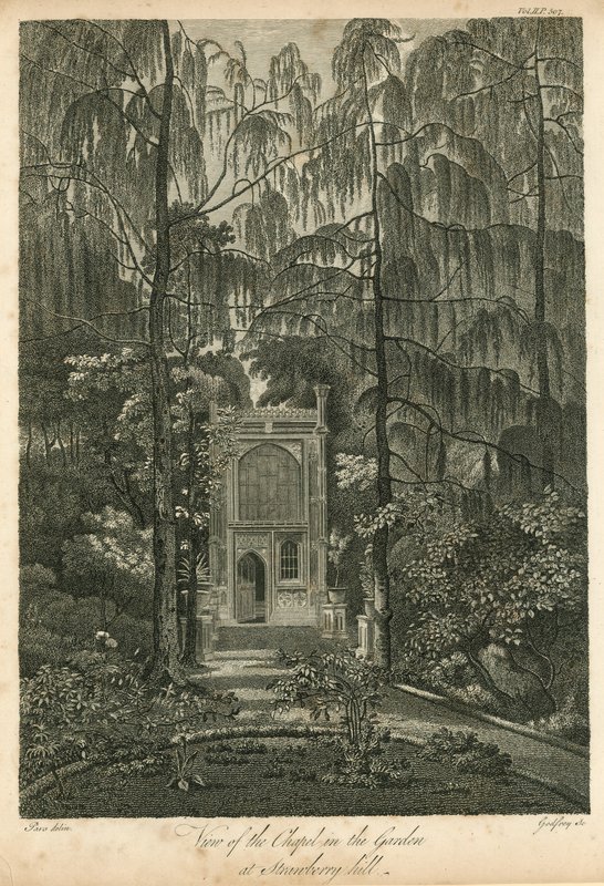 Kilátás a kápolnára a Strawberry Hill kertjében, Twickenham, London alkotó: William Pars