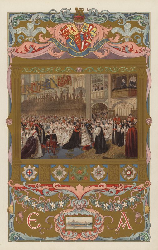 VII. Edward leendő király és Alexandra királynő esküvője a windsori Szent György-kápolnában 1863. március 10-én (színes litó) alkotó: William Powell (after) Frith