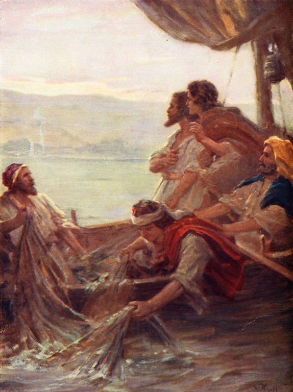 Reggel a Tiberiás tengerénél, János xxi, 4-6 (színes litográfia) alkotó: William Pratt