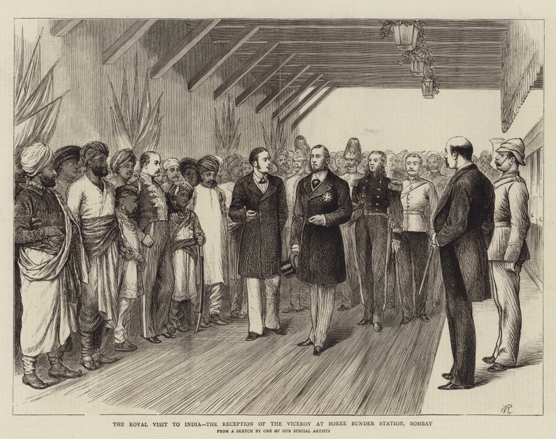 Királyi látogatás Indiában, az alkirály fogadása a Bombay-i Boree Bunder állomáson alkotó: William Ralston
