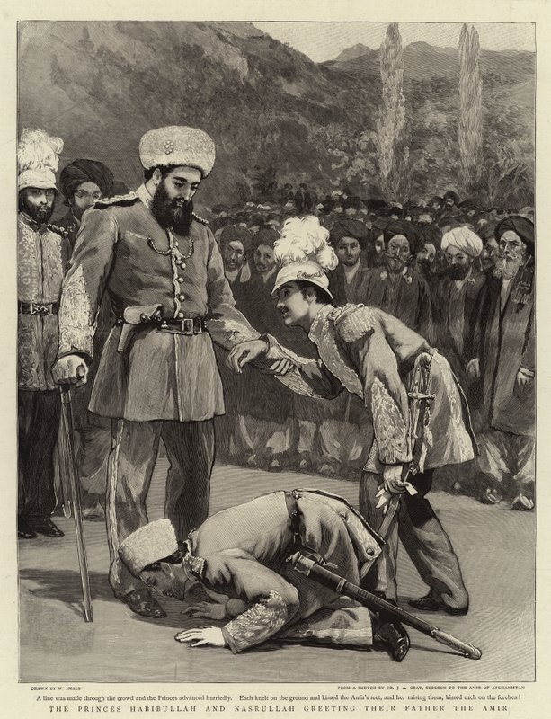Habibullah és Nasrullah hercegek üdvözlik apjukat, az amírt. alkotó: William Small