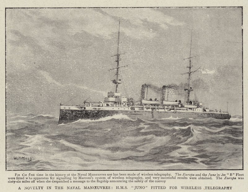 Újdonság a haditengerészeti manőverekben, a H M S Juno vezeték nélküli távírásra alkalmas alkotó: William T. Maud