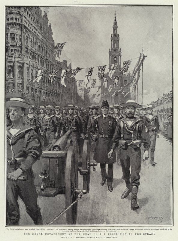 A haditengerészeti különítmény a menet élén a strandon alkotó: William T. Maud