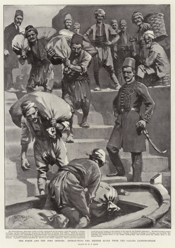 A porta és a postahivatalok, a brit levelek feladása a Galata leszállóhelyről alkotó: William T. Maud