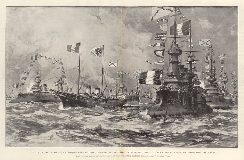 A cár franciaországi látogatása, Őfelsége Standart nevű jachtja, amelyet a Cassini követ Loubet elnökkel a fedélzeten, a francia flottán áthaladva Dunkerque előtt. alkotó: William T. Maud