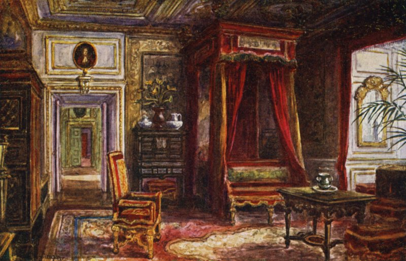 Warwick kastély: Anna királynő hálószobája (színes litho) alkotó: William W. Quatremain