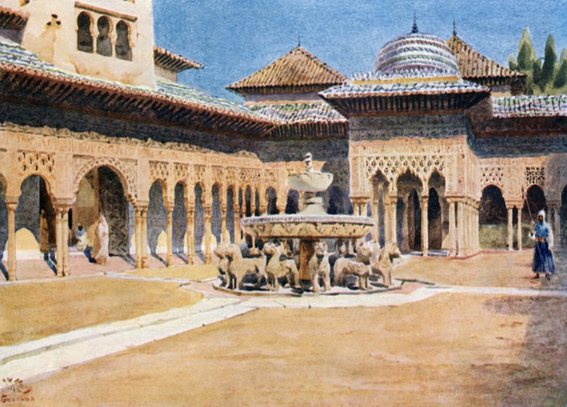Granada, az Alhambra, Oroszlánok udvara (színes litó) alkotó: William Wiehe Collins