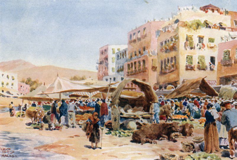 Malaga, a piac (színes litho) alkotó: William Wiehe Collins