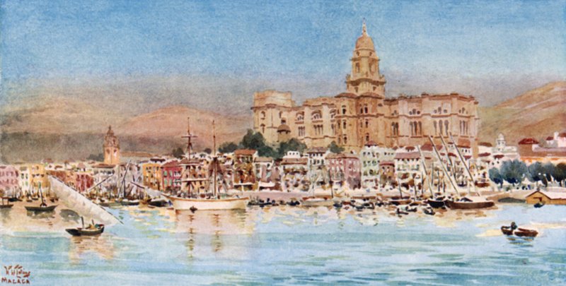 Malaga, kilátás a kikötőből (színes litó) alkotó: William Wiehe Collins