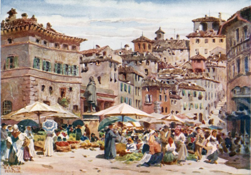 Perugia. A Piazza Garibaldi (színes litó) alkotó: William Wiehe Collins