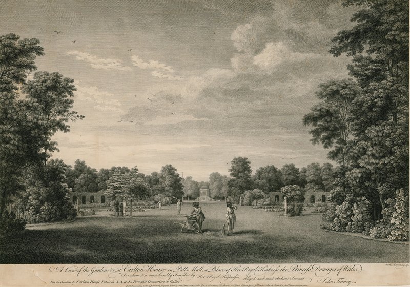 A Pall Mall-i Carlton House kertje, a walesi özvegy hercegnő palotája. alkotó: William Woollett