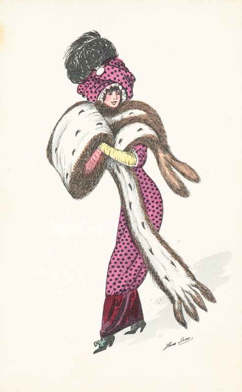 Elegáns párizsi nő, hosszú prémes stólával (chromolitho) alkotó: Xavier Sager