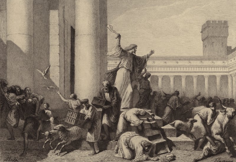 Jézus kiűzte a pénzváltókat a templomból alkotó: after Albert Robida