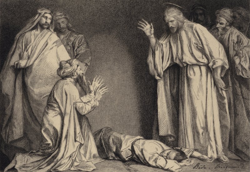 Jézus meggyógyítja a megszállott gyermeket alkotó: after Albert Robida