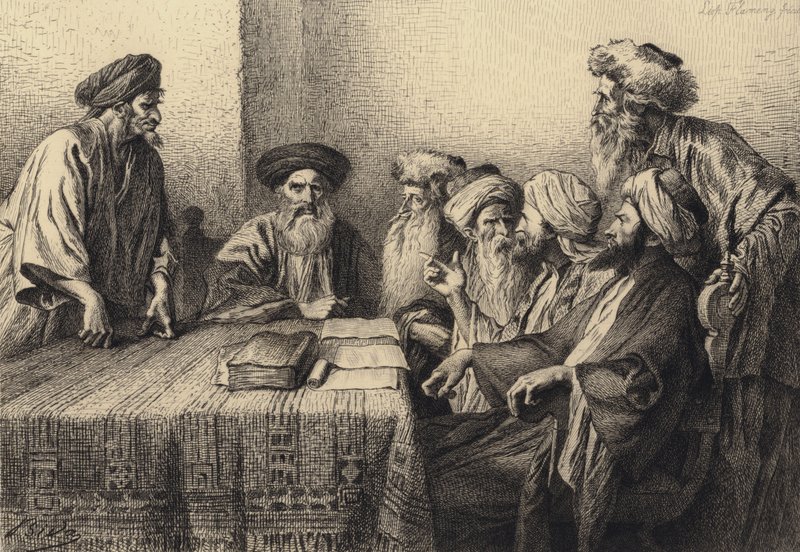 Júdás a Szanhedrin előtt alkotó: after Albert Robida