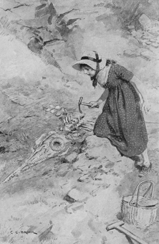 A Lyme Regisben a 12 éves Mary Anning rábukkant az első Angliában talált Ichthyosaurusra alkotó: after Charles Edmund Brock