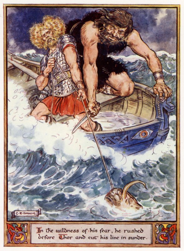 Félelme vadságában Thor elé rohant, és elvágta a kötélt alkotó: after Charles Edmund Brock
