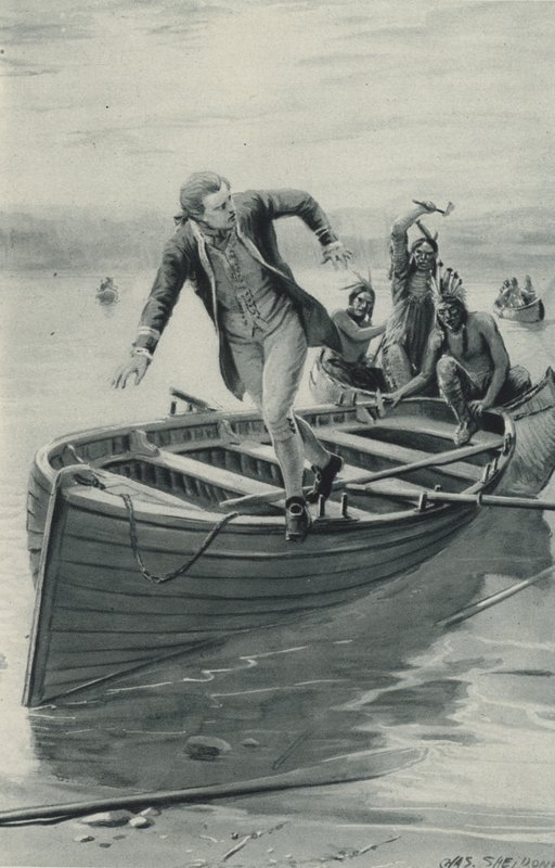 James Cook kapitány kiugrik csónakjából, miközben a vörös indiánok beugranak alkotó: after Charles Mills Sheldon