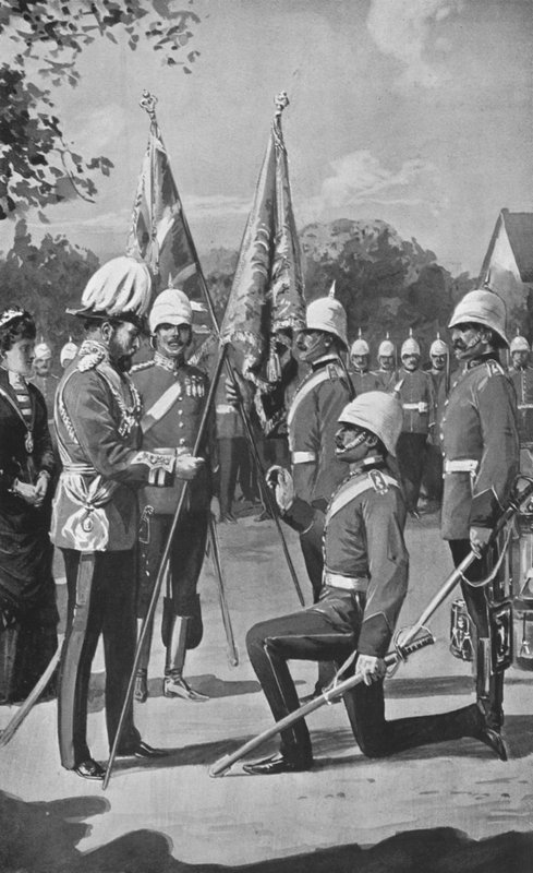 Edward király színeket mutat be a Royal Welsh Fusiliers-nek, 1880. augusztus 16. alkotó: after Charles Mills Sheldon
