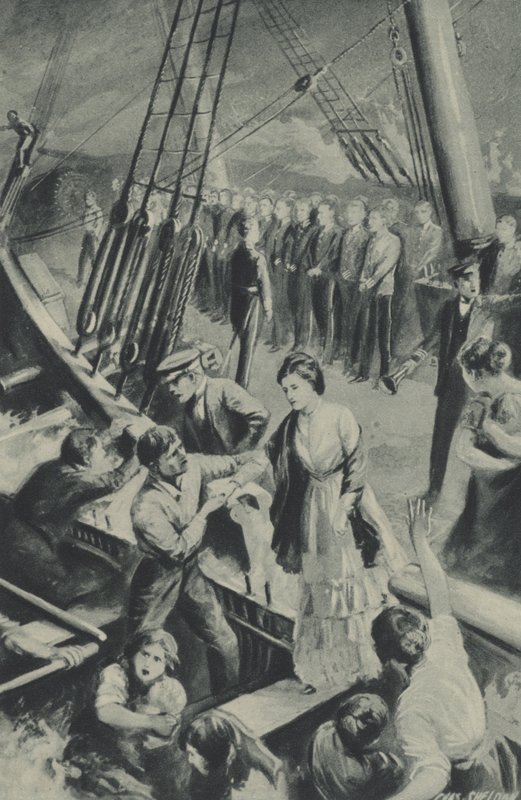 A Birkenhead emberei odafigyelnek, miközben a hajó lezuhan a vízben alkotó: after Charles Mills Sheldon