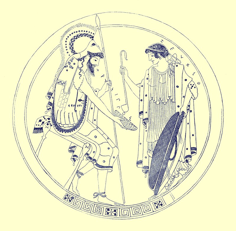 Egy ülő harcos tartja a borospoharát, illusztrációja J. E. Harrison és D. S. MacColl görög vázafestményeiből, 1894-ben (digitálisan javított kép) alkotó: after English School