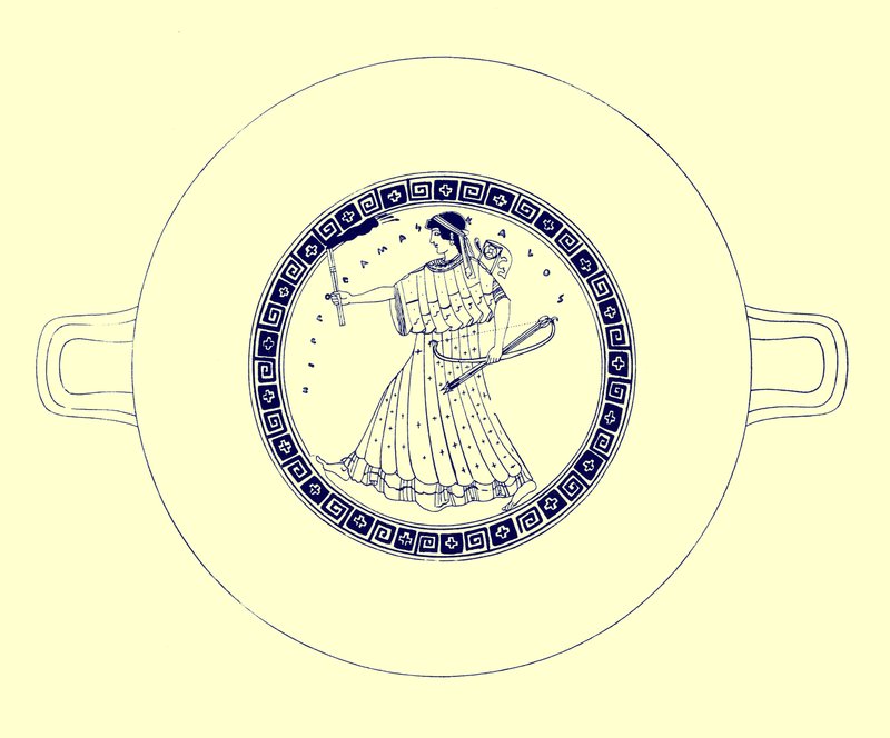 Artemisz íjjal, nyíllal és fáklyával, illusztrációja J. E. Harrison és D. S. MacColl görög vázafestményeiből, 1894-ben (digitálisan javított kép) alkotó: after English School