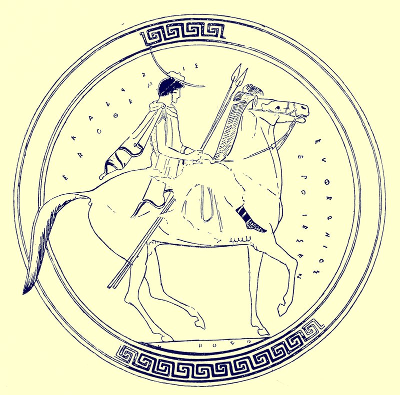 Fiú lovon, illusztráció a J. E. Harrison és D. S. MacColl görög vázafestményeiből, 1894-ben (digitálisan javított kép) alkotó: after English School