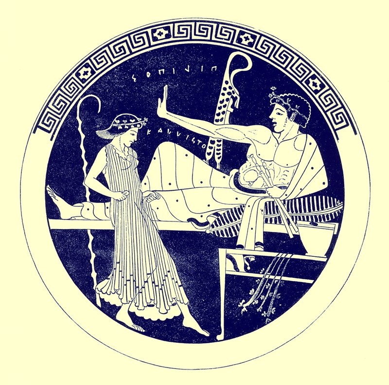Táncoló lány és lakomázó fiatalság, illusztráció J. E. Harrison és D. S. MacColl görög vázafestményeiből, 1894-ben (digitálisan javított kép) alkotó: after English School