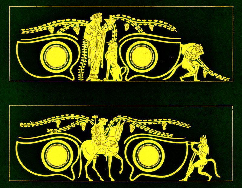 Dionysos, Hephaistos és szatírok, illusztráció a görög vázafestményekből, J. E. Harrison és D. S. MacColl, 1894-ben (digitálisan javított kép) alkotó: after English School