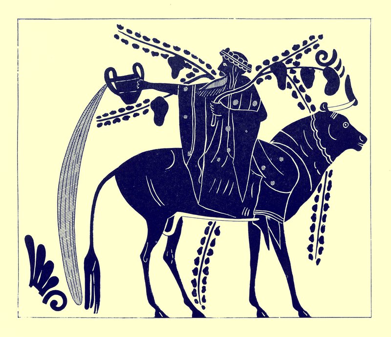 Dionüszosz bikán lovagol, illusztráció a görög vázafestményekből, J. E. Harrison és D. S. MacColl, 1894-ben (digitálisan javított kép) alkotó: after English School