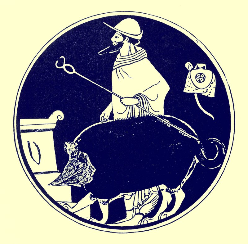 Hermész és az álarcos kutya, J. E. Harrison és D. S. MacColl görög vázafestményeinek illusztrációja, 1894-ben megjelent (digitálisan javított kép) alkotó: after English School