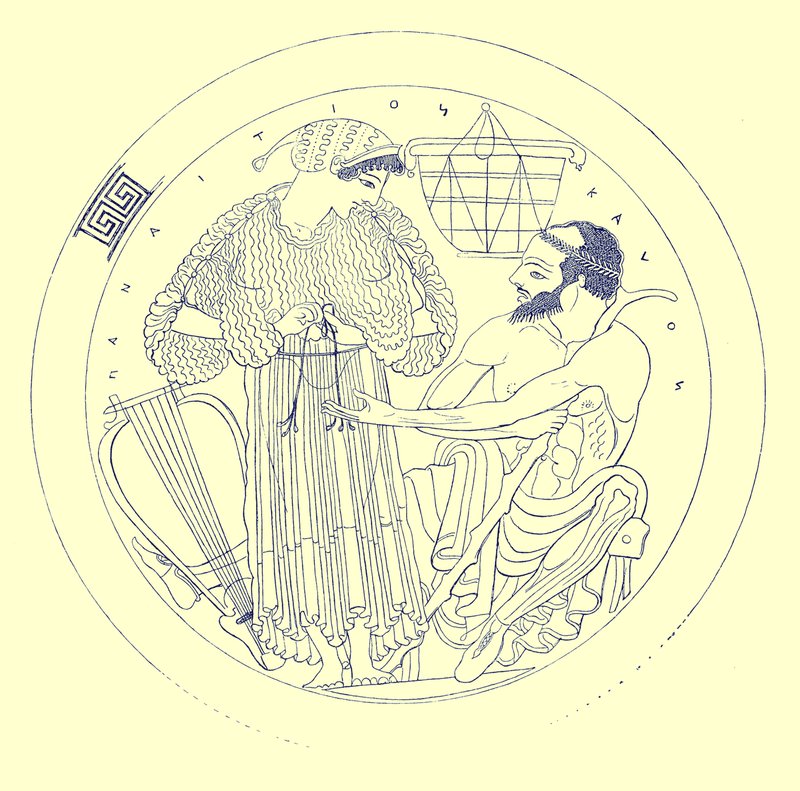 A Cylix belseje, Euphronios, illusztrációja J. E. Harrison és D. S. MacColl görög vázafestményeiből, 1894-ben (digitálisan javított kép) alkotó: after English School
