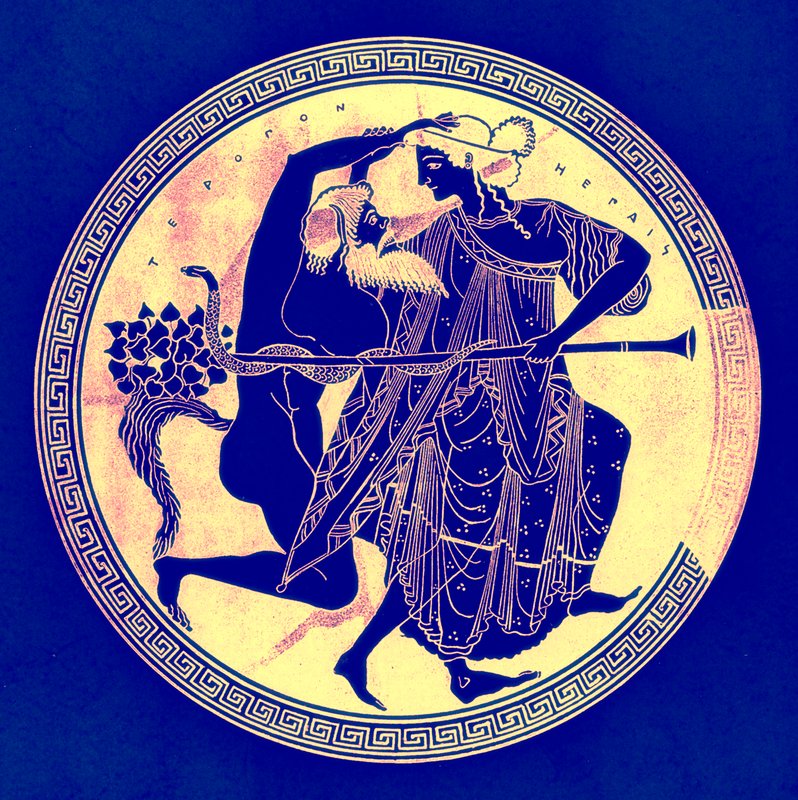 Satyr and Maenad, illusztráció a görög vázafestményekből, J. E. Harrison és D. S. MacColl, 1894-ben megjelent (digitálisan javított kép) alkotó: after English School