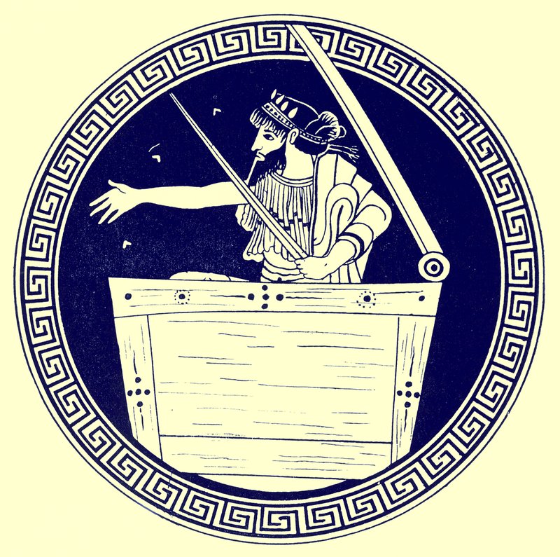 Thomas a ládában, illusztráció a J. E. Harrison és D. S. MacColl görög vázafestményeiből, 1894-ben (digitálisan javított kép) alkotó: after English School