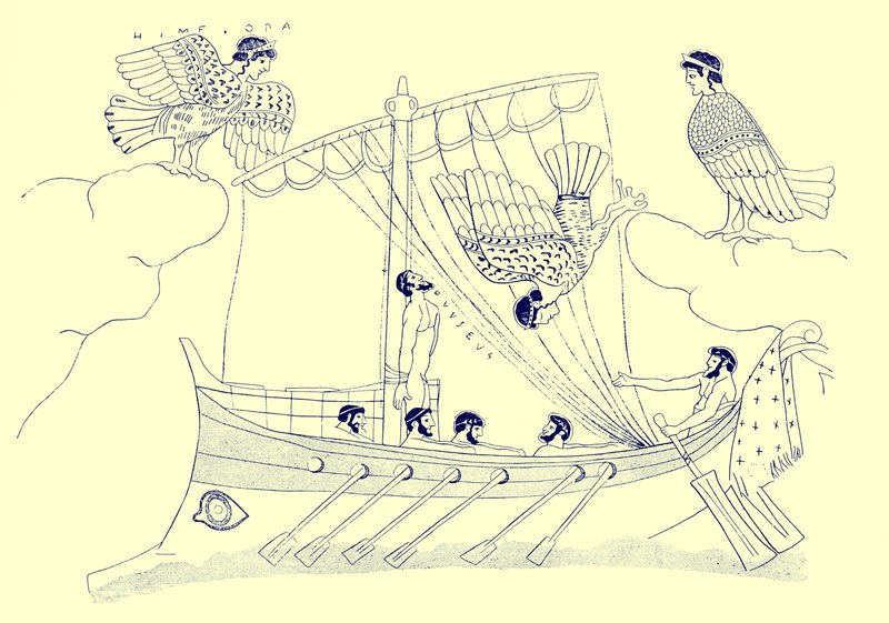Ulysses and the Sirens, illusztráció a görög vázafestményekből, J. E. Harrison és D. S. MacColl, 1894-ben megjelent (digitálisan javított kép) alkotó: after English School