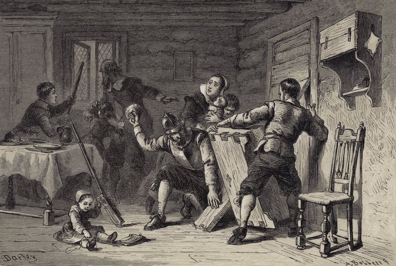 Puritánok elbarikádozzák házukat az indiánok ellen alkotó: after Felix Octavius Carr Darley