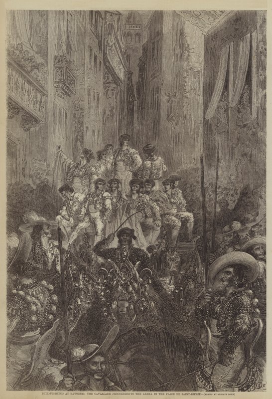 Bikaviadal Bayonne-ban, a kavalkád a Place de Saint-Esprit arénába halad alkotó: Gustave after Dore