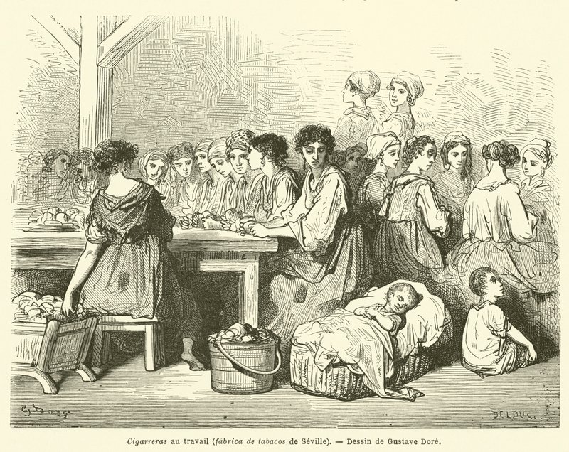 Munkahelyi szivarkák, dohánygyár Sevillában alkotó: Gustave after Dore