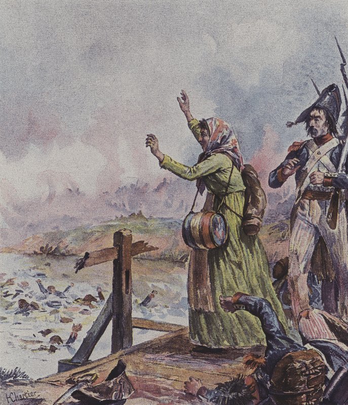 Egy francia étkezde látja férjét fuldokló katonák között az 1796-os olaszországi arcole-i csatában alkotó: after Henri Georges Jacques Chartier