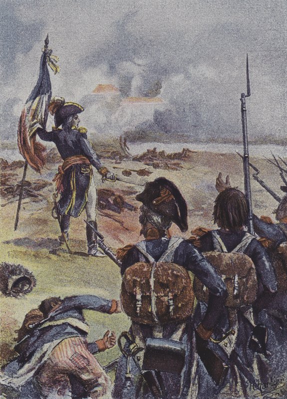 Augereau tábornok kitűzi soraik elé a 99. ezred 1. zászlóaljának zászlóját az olaszországi arcole-i csatában, 1796 alkotó: after Henri Georges Jacques Chartier